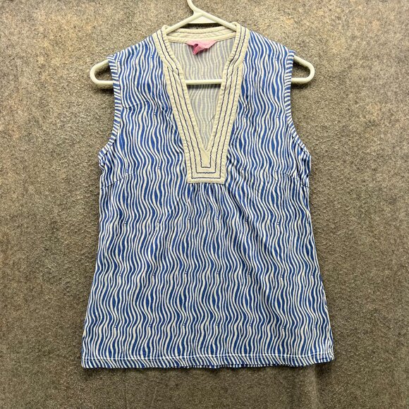 Lilly Pulitzer Tank Women Medium Blue White Stripe Embroidered Shirt Top Zebra - Picture 1 of 9
